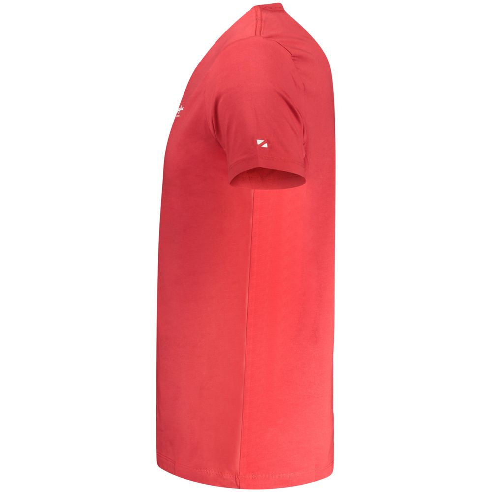 Pepe Jeans Red Cotton Men T-Shirt with short sleeves and crew neck, side view showcasing slim-fit and logo print