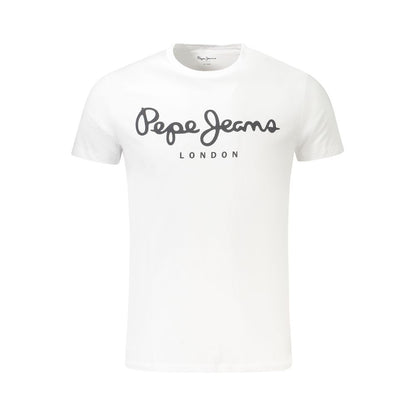 Pepe Jeans White Cotton Men TShirt with logo print, eco-friendly, crew neck, slim fit, for a stylish and sustainable look.