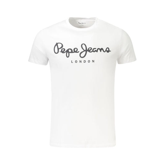 Pepe Jeans White Cotton Men TShirt with logo print, eco-friendly, crew neck, slim fit, for a stylish and sustainable look.
