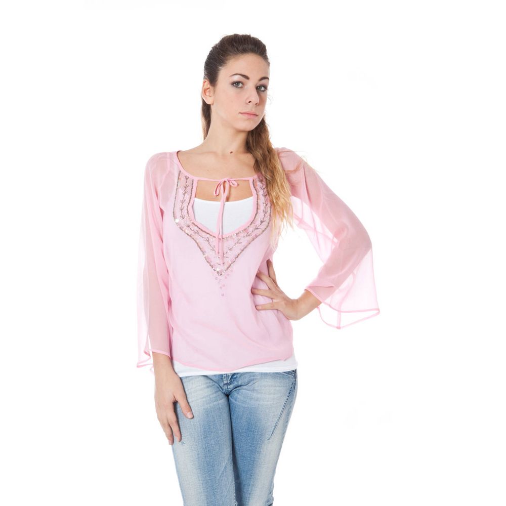 Woman wearing Phard Pink Silk Women Top with sequins and V-neck, showcasing Italian craftsmanship and casual elegance.