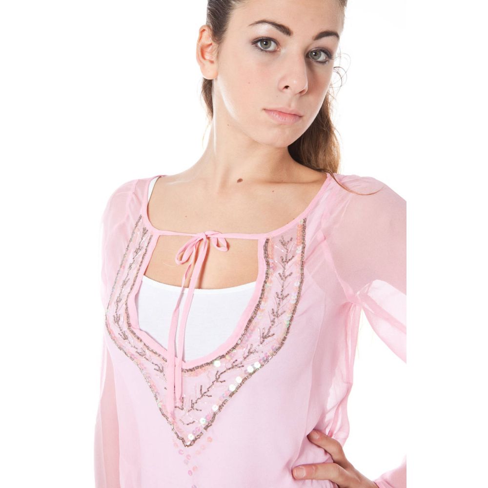Woman wearing Phard Pink Silk Women Top with sequins on V-neck design, showing elegance and Italian craftsmanship.