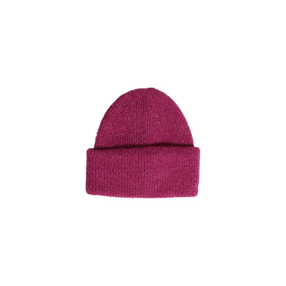 Pink beanie hat made from recycled polyester with a sparkle finish, displayed on a white background.