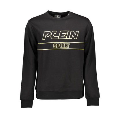 Plein Sport Black Cotton Men Sweater with bold logo and contrasting details, premium cotton-polyester blend, perfect for standout athleisure.