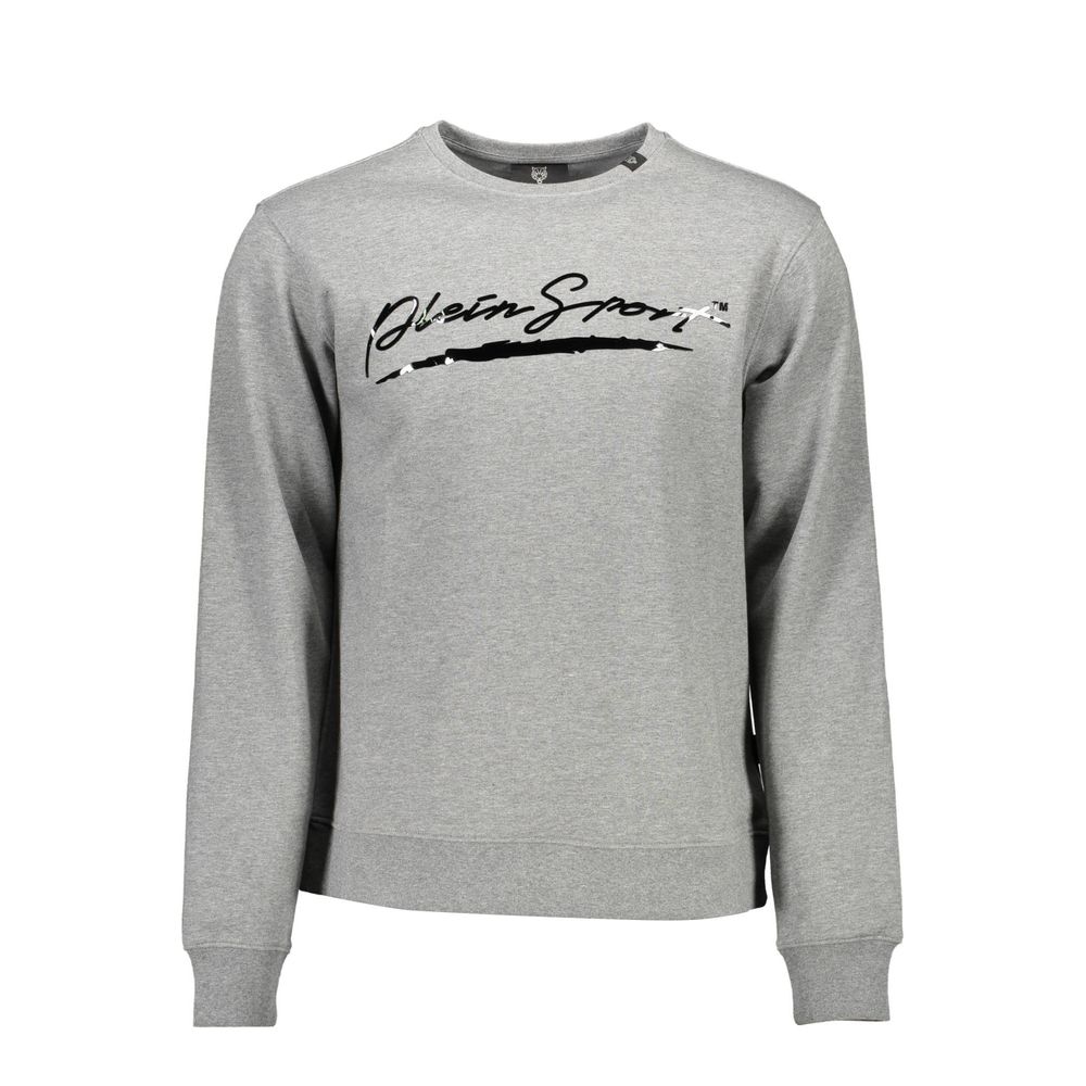 Plein Sport Gray Cotton Men Sweater featuring a bold logo and crew neck design, crafted for comfort and durability.