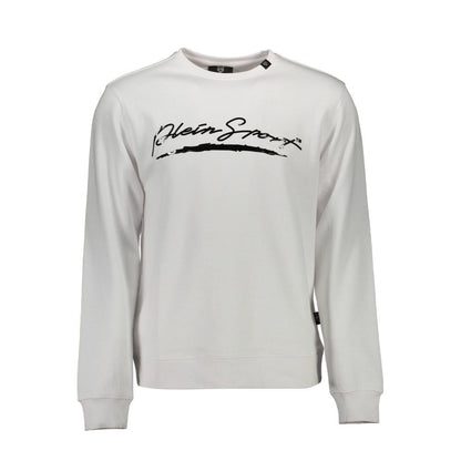 Plein Sport White Cotton Men Sweater with logo design, long sleeves, crew neck for bold style.