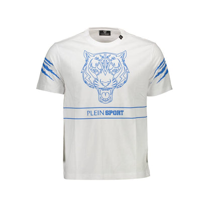 Plein Sport White Cotton Men T-Shirt featuring bold blue tiger graphic and logo, ideal for trendsetters seeking athletic opulence.