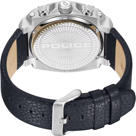 Back view of Police Blue Leather Watch with stainless steel case and black leather strap, showcasing buckle closure.