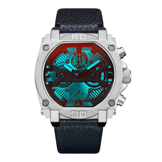 Police Blue Leather Watch with stainless steel case and multicolored dial, quartz mechanism, and blue leather strap.