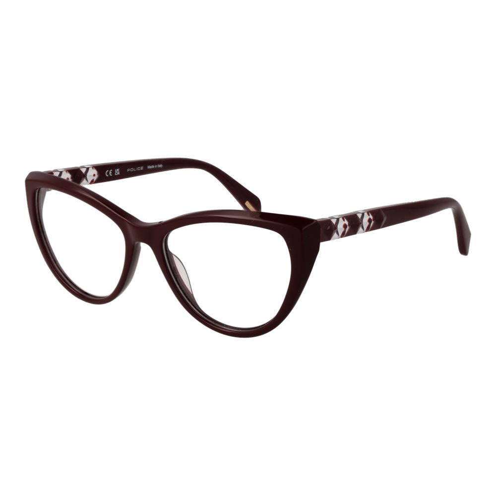 Police Burgundy Plastic Glasses (Frames) for women, full-rim cat eye style with burgundy plastic frame, branded case included.