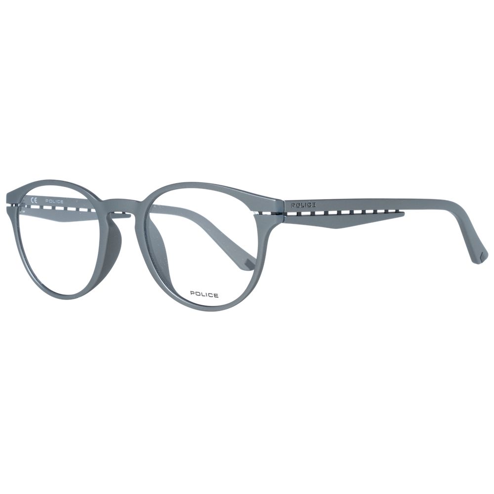 Police Gray Men Glasses Frame with full-rim round style and grey plastic material, size 50-21-145, includes branded case.