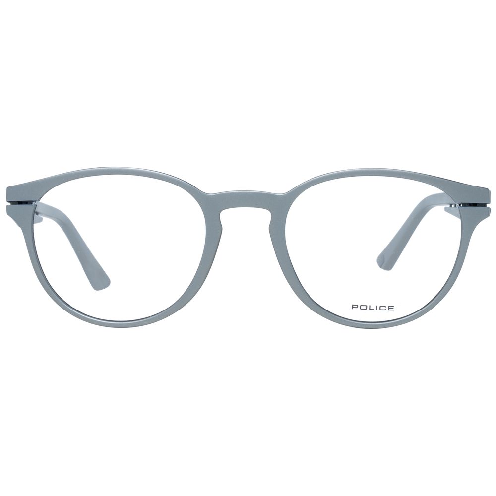 Police Gray Men Glasses Frame, full-rim round style with 50-21-145 dimensions, grey plastic material, includes branded case.