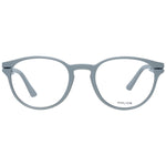 Police Gray Men Glasses Frame, full-rim round style with 50-21-145 dimensions, grey plastic material, includes branded case.