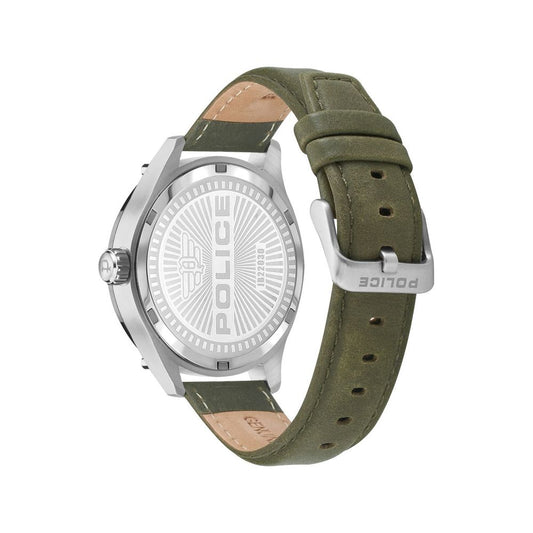 Back view of Police Green Leather Watch with stainless steel case and green leather strap with buckle closure.