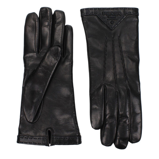 Prada Black Leather Gloves with side logo, stylish design, 100% leather. MPN 1GG46C038F0ES9, fashion accessory.