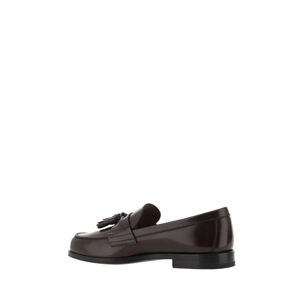 Prada Brown Calf Leather Bos Taurus Slip-On Loafers with tassel detail and leather block heel for AW25 season.