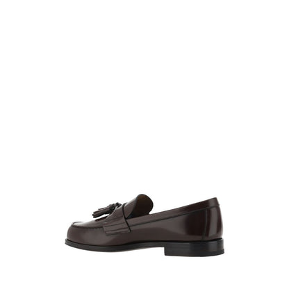 Prada Brown Calf Leather Bos Taurus Slip-On Loafers with tassel detail and leather block heel for AW25 season.