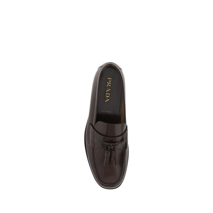 Prada Brown Calf Leather Bos Taurus Slip-On Loafers with tassel, top view.