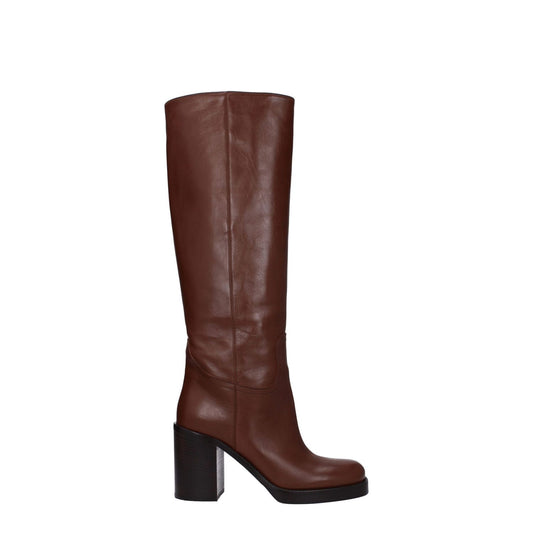 Prada Brown Leather Boots with high heel and round toe, showcasing elegant casual style.