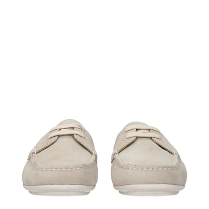 Prada Gray Leather Slip-On Loafers with rubber sole and round toe, featuring side logo in pumice color.