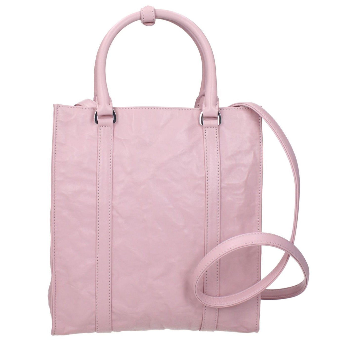 Prada Pink Leather Handbag with adjustable shoulder strap, small size, silver details, internal pocket, and front logo.