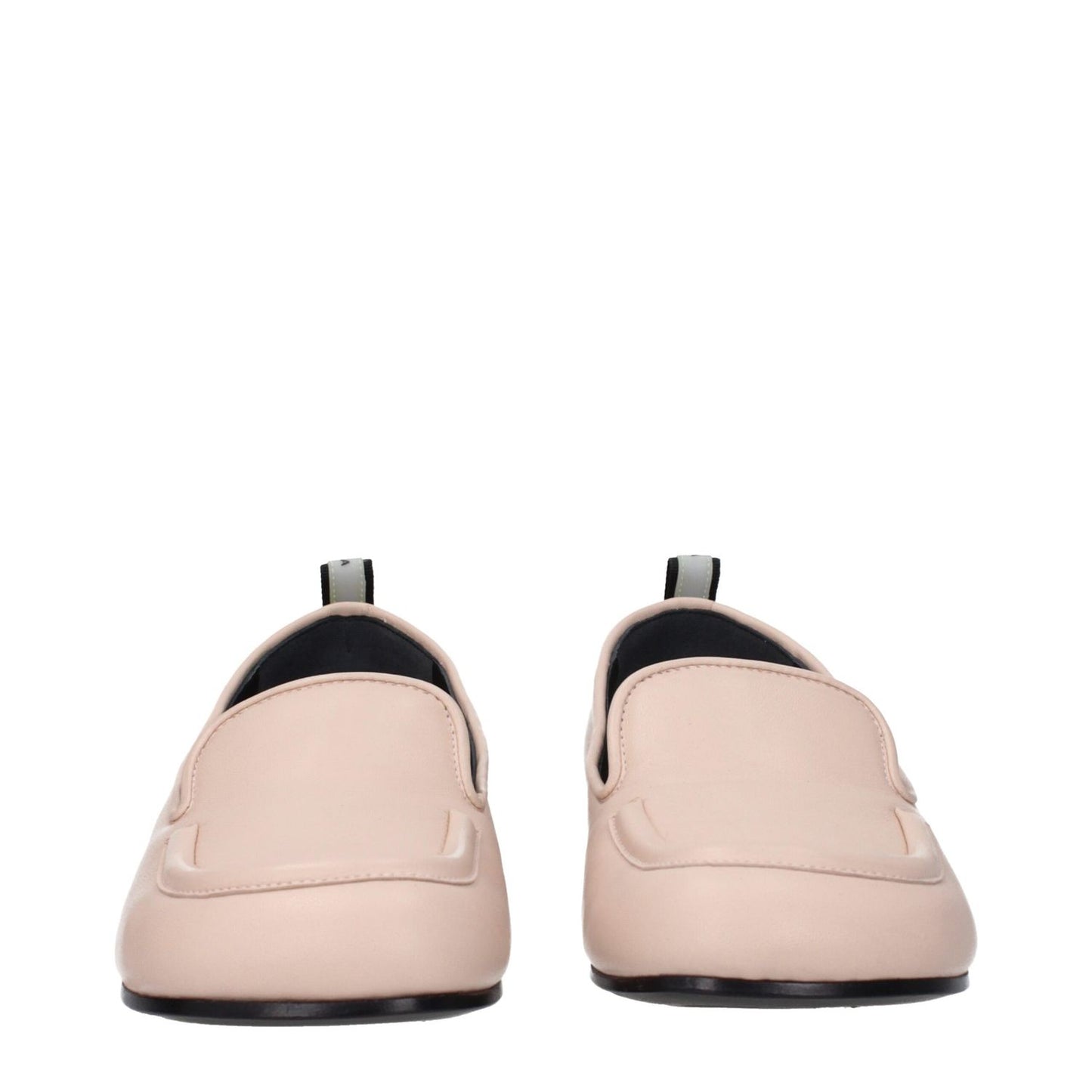 Front view of Premiata Pink Leather Slip-On Loafers with round toe and leather sole, featuring a back logo design.