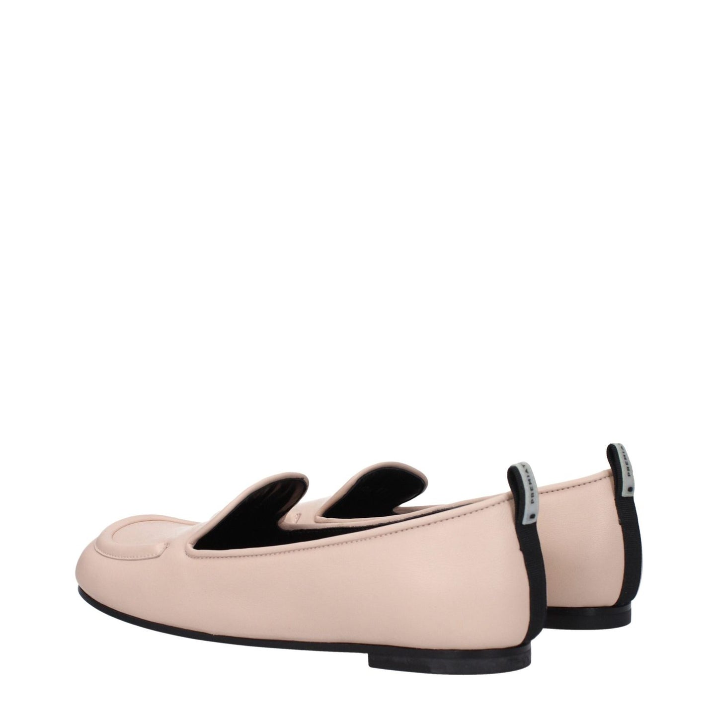 Premiata Pink Leather Slip-On Loafers with round toe, low flat heel, and back logo, shown in nude pink leather.