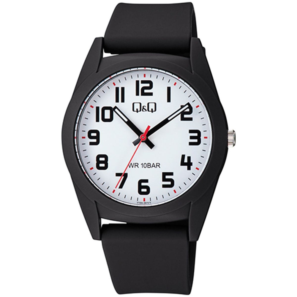 Q&Q ATTRACTIVE Mod. V13A-001VY wristwatch with metal case, quartz movement, and mineral dial in official packaging box.