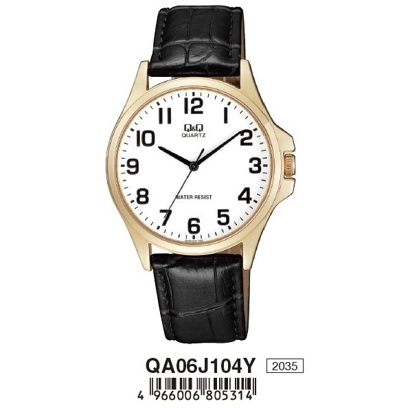 Q&Q FASHION Mod. QA06J104Y wristwatch with metal case, leather strap, and sapphire dial, water resistant 3 ATM, in official box packaging.