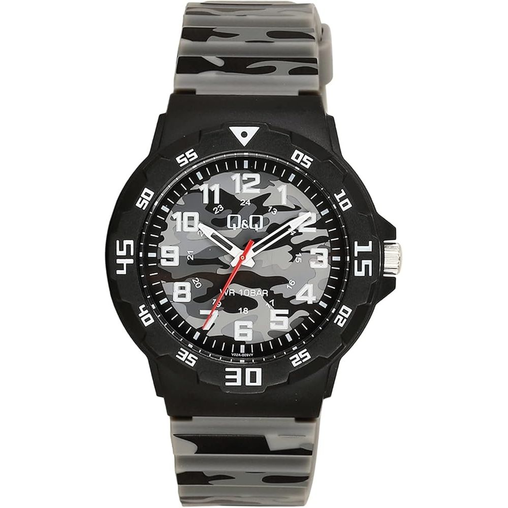 Q&Q FASHION Mod. V02A-009VY wristwatch, gent's water-resistant 10 ATM, 43mm resin case and strap, quartz movement, official packaging.