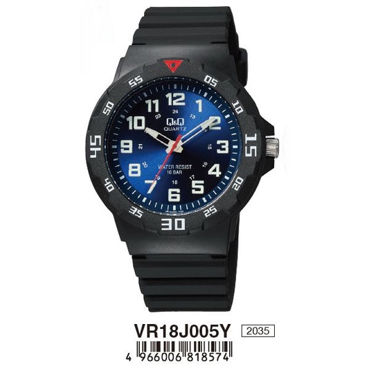 Q&Q FASHION Mod. VR18J005Y wristwatch with quartz movement, black strap, and blue dial, waterproof up to 3 ATM, in official packaging.