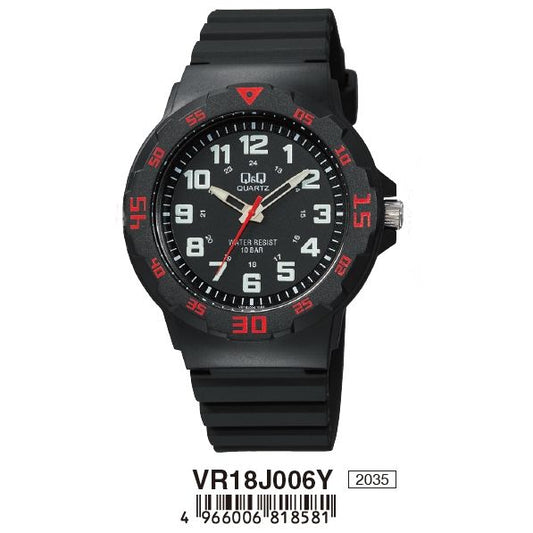 Q&Q FASHION Mod. VR18J006Y black wristwatch with plastic strap, 10 ATM water resistance, and quartz movement.