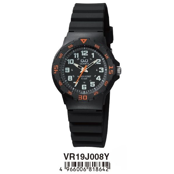 Q&Q FASHION Mod. VR19J008Y wristwatch featuring a 33mm plastic case, silicone strap, and quartz movement, displayed in official packaging.