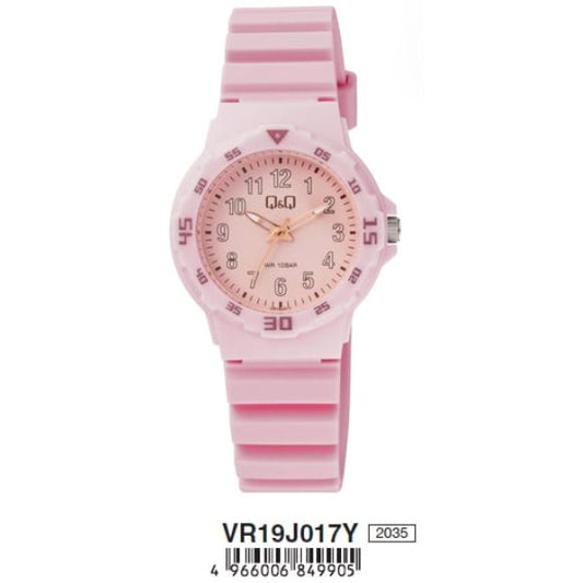Q&Q FASHION Mod. VR19J017Y ladies wristwatch in pink with 10 ATM water resistance, 33mm plastic case, and quartz movement.