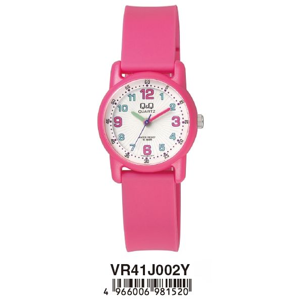 Q&Q FASHION Mod. VR41J002Y unisex wristwatch with pink silicone strap, water resistant 10 ATM, 30mm plastic case, quartz movement.