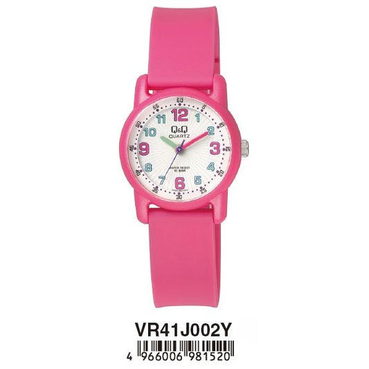 Q&Q FASHION Mod. VR41J002Y unisex wristwatch with pink silicone strap, water resistant 10 ATM, 30mm plastic case, quartz movement.