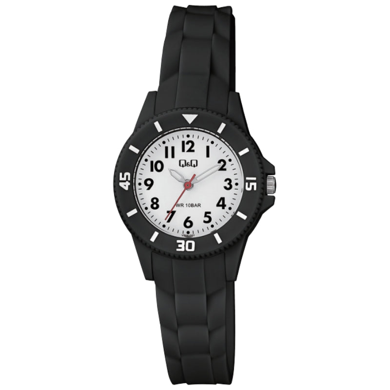Q&Q FASHION Mod. VS66J001Y unisex wristwatch with black resin strap, quartz movement, and mineral dial, water-resistant to 10 ATM in official box.