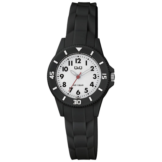 Q&Q FASHION Mod. VS66J001Y unisex wristwatch with black resin strap, quartz movement, and mineral dial, water-resistant to 10 ATM in official box.