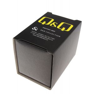 Q&Q Mod. C229-802Y watch packaging box in black with yellow and white logo, showcasing brand identity.