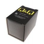 Q&Q Mod. C229-802Y watch packaging box in black with yellow and white logo, showcasing brand identity.