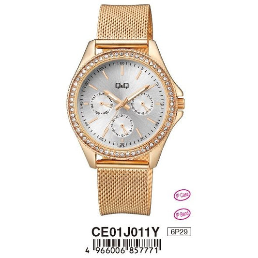 Q&Q Mod. LADY DIGITAL DAY DATA 24H in gold mesh, quartz movement, 5 ATM, 28mm metal case, with official box. Elegant wristwatch for ladies.