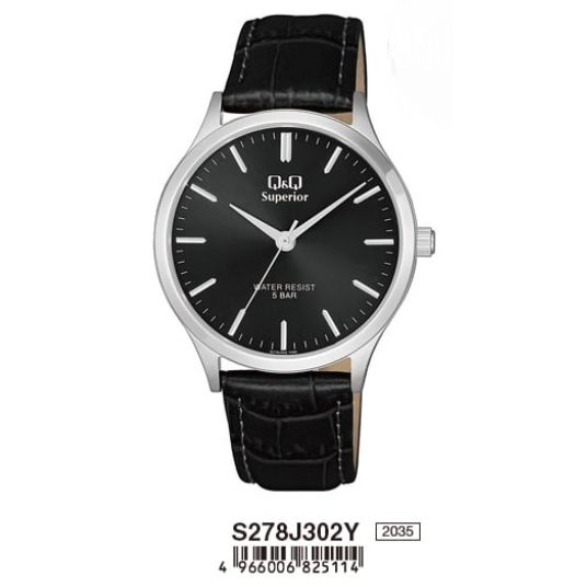 Q&Q SUPERIOR Mod. S278J302Y gent wristwatch with black leather strap and stainless steel case, water resistant to 5 ATM.