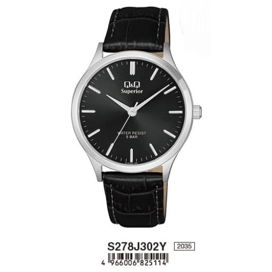 Q&Q SUPERIOR Mod. S278J302Y gent wristwatch with black leather strap and stainless steel case, water resistant to 5 ATM.