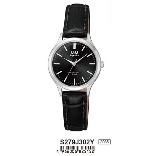 Q&Q SUPERIOR Mod. S279J302Y ladies wristwatch with black leather strap, stainless steel case, and sapphire dial, featuring quartz movement.