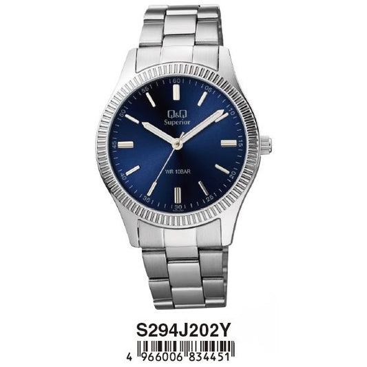 Q&Q SUPERIOR Mod. S294J202Y stainless steel wristwatch with blue dial, 5 ATM water resistance, quartz movement, and sapphire crystal.