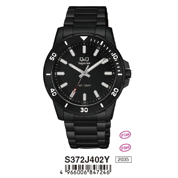 Q&Q SUPERIOR Mod. S372J402Y wristwatch, black SS IP case and strap, sapphire dial, quartz movement, water-resistant 10 ATM.