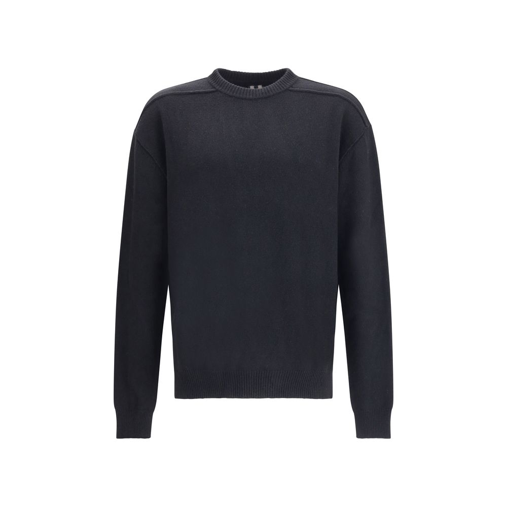 Rick Owens Black Cashmere Cashmere Sweater with exposed stitching and ribbed crew neck, showcasing modern and essential style for AW25.