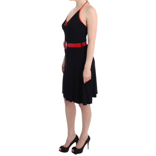 Roccobarocco Black belted palladio dress, knee-length, sleeveless, red belt, round neckline.