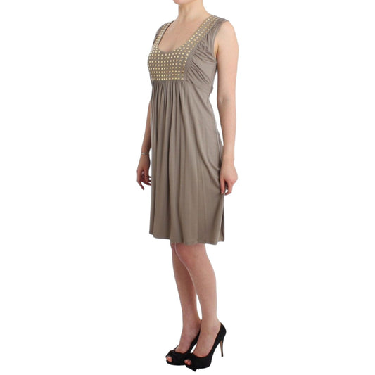 Roccobarocco Khaki studded sheath dress with round neckline, knee-length, sleeveless design, featuring waist tie and original tags.