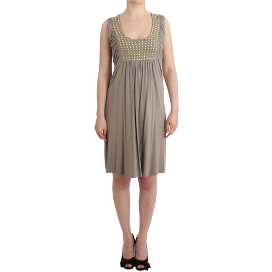 Roccobarocco Khaki studded sheath dress with knee length and round neckline, sleeveless design, featuring waist ties and studded detailing.