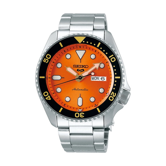 SEIKO 5 WATCHES Mod. SRPD59K1 with orange dial, stainless steel case and bracelet, automatic movement, day and date display. 10 ATM water resistant.